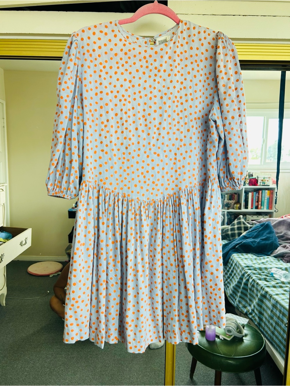 Women's Light Blue Dress with Orange Polka Dots